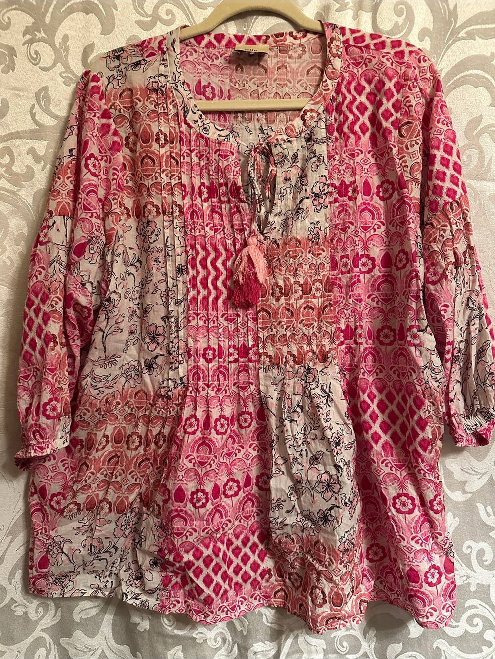 Tahari Pink & Cream Patterned Peasant Tunic with Tassel Tie